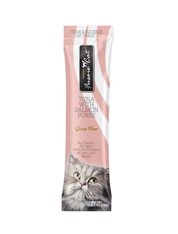 3 FOR $10: Fussie Cat Puree Premium Tuna with Salmon Cat Treats 14gx4 Sale