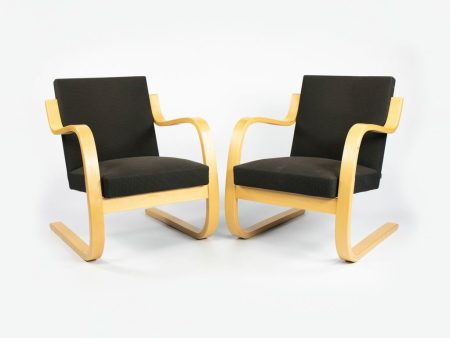 2000s Pair of Model 402 Chairs by Aino and Alvar Aalto for Artek in Birch and Dark Fabric For Discount