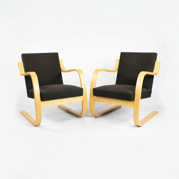 2000s Pair of Model 402 Chairs by Aino and Alvar Aalto for Artek in Birch and Dark Fabric For Discount