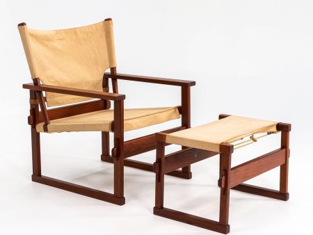 1950s Safari Armchair and Ottoman by Poul Hundevad for Vamdrup Stolefabrik in Canvas and Teak For Cheap