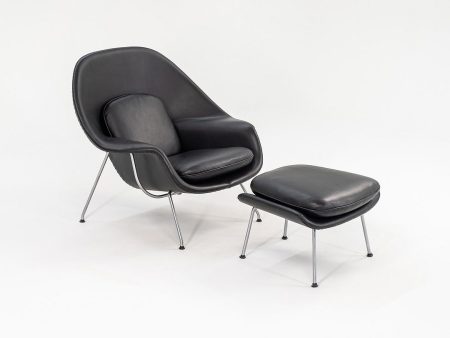 1960s Womb Lounge Chair and Ottoman, Model 70L and 74Y, by Eero Saarinen for Knoll in New Black Leather Upholstery Supply