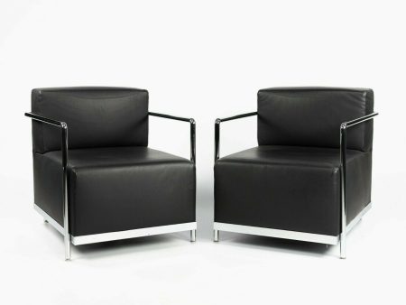 2010s Pair of Bernhardt Design Brellin Lounge Chairs in Black Leather with Chrome Frames For Sale