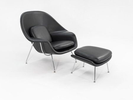 1960s Womb Chair and Ottoman, Models 70L and 74Y, by Eero Saarinen for Knoll in New Black Leather on Sale